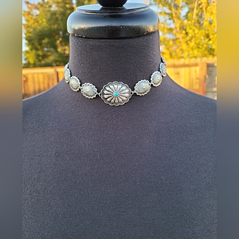 Silver and Turquoise Floral Choker Necklace